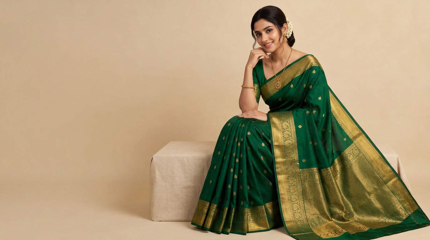 Woman wearing an emerald green saree with a gold zari border