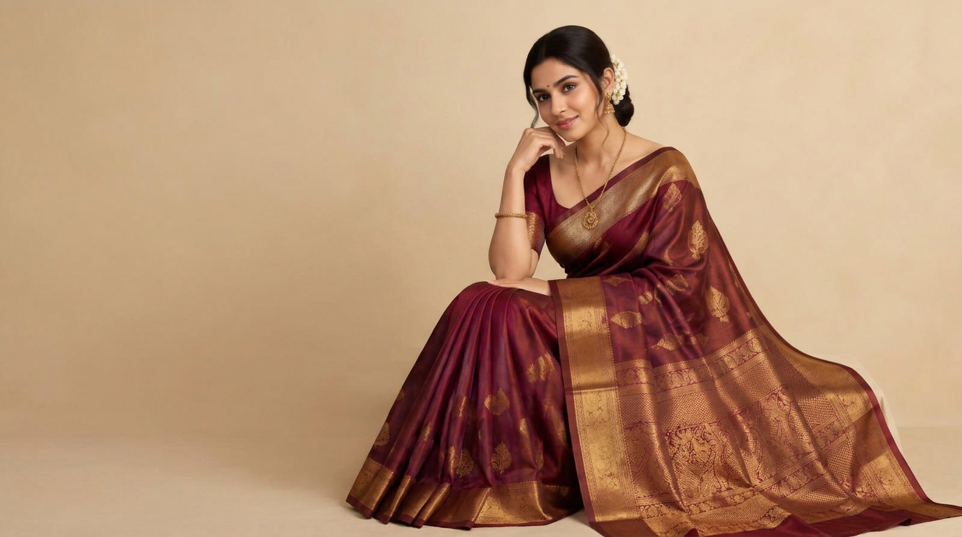 Woman wearing a maroon silk saree with a gold zari border