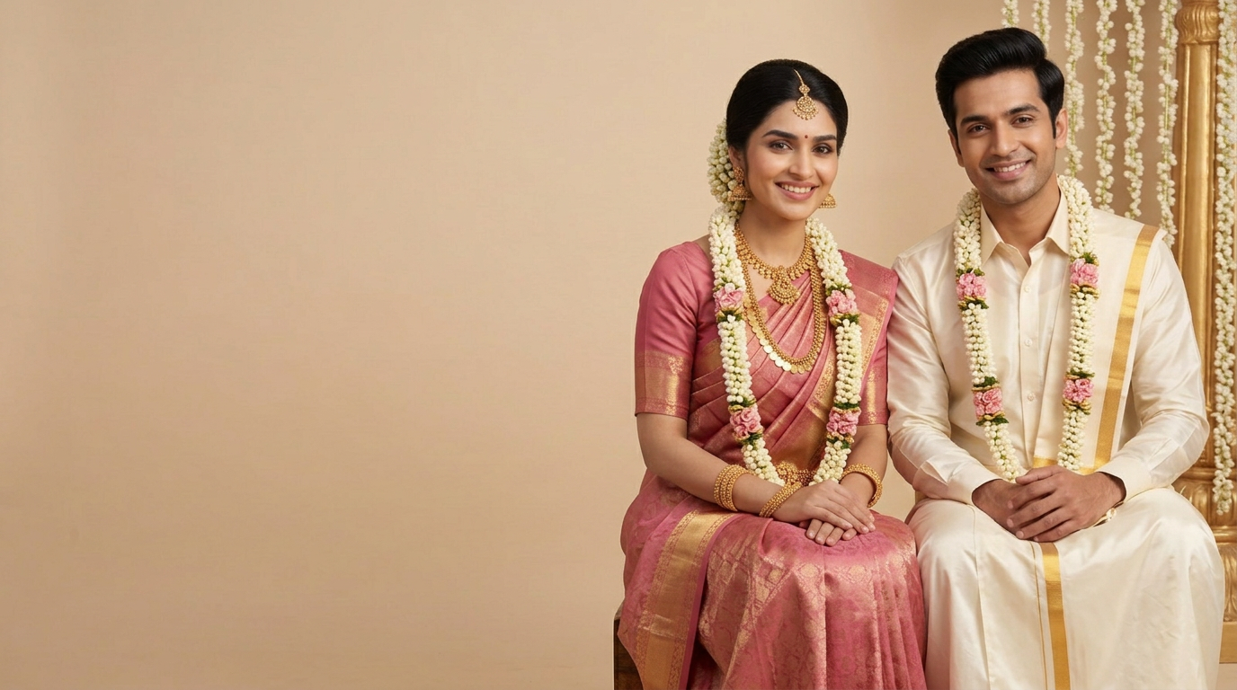 Tamil wedding bride in a pink silk saree with Tamil bridal jewellery and jasmine flowers beside her groom